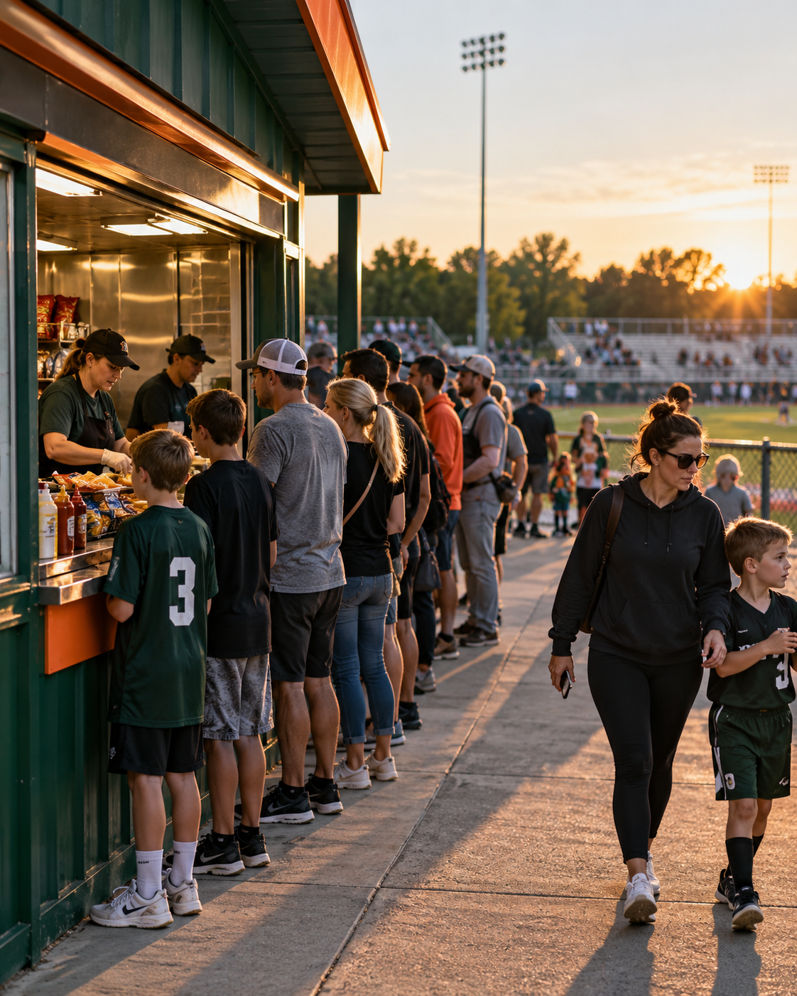 Fans waiting in a long concession line at sunset