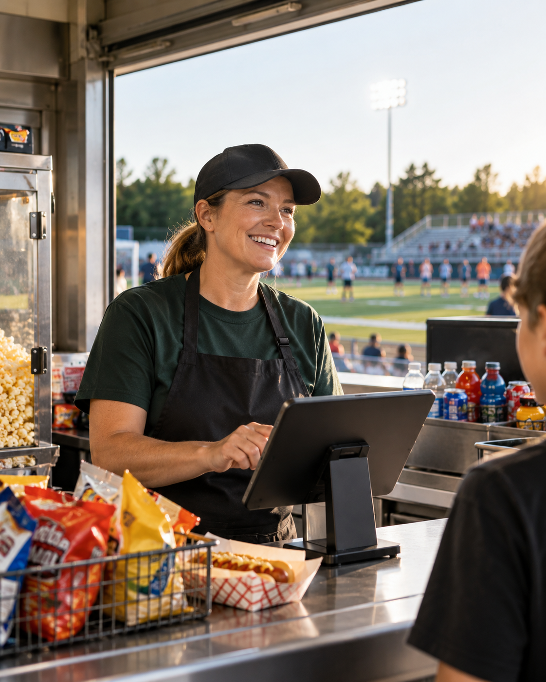 Concession volunteer using a tablet while serving fans