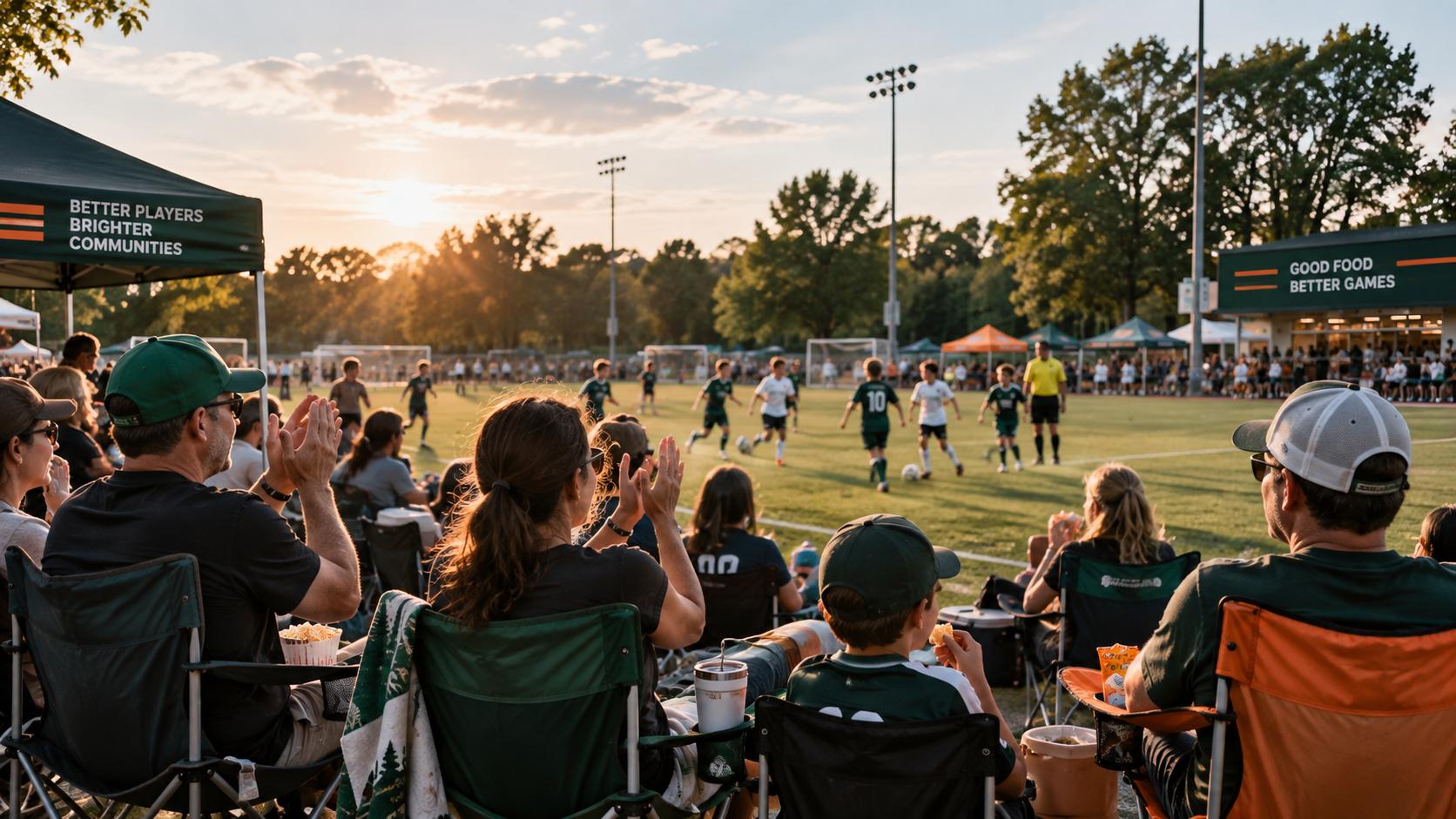 Families at a concession stand near sunset